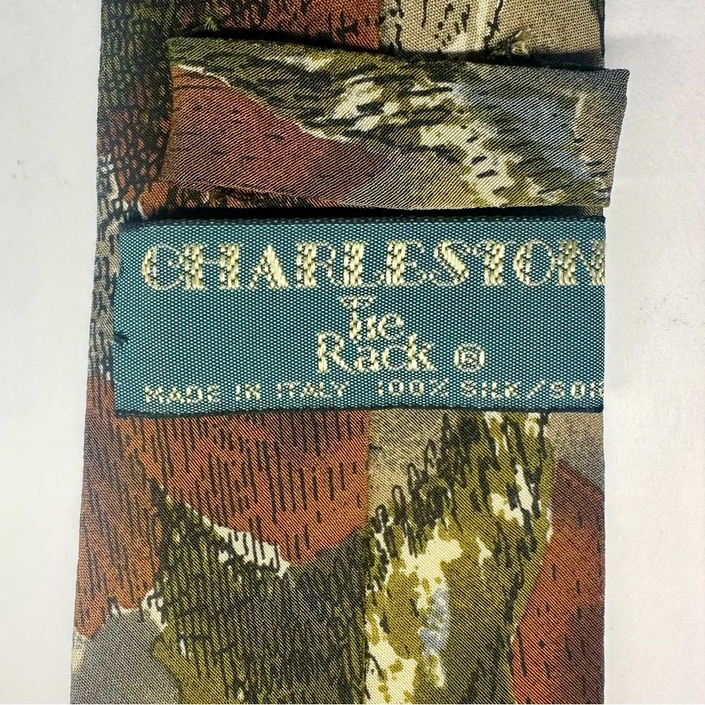 TIE RACK Charleston Abstract Floral Green Brown Slim Italian Silk Tie, 2.5”